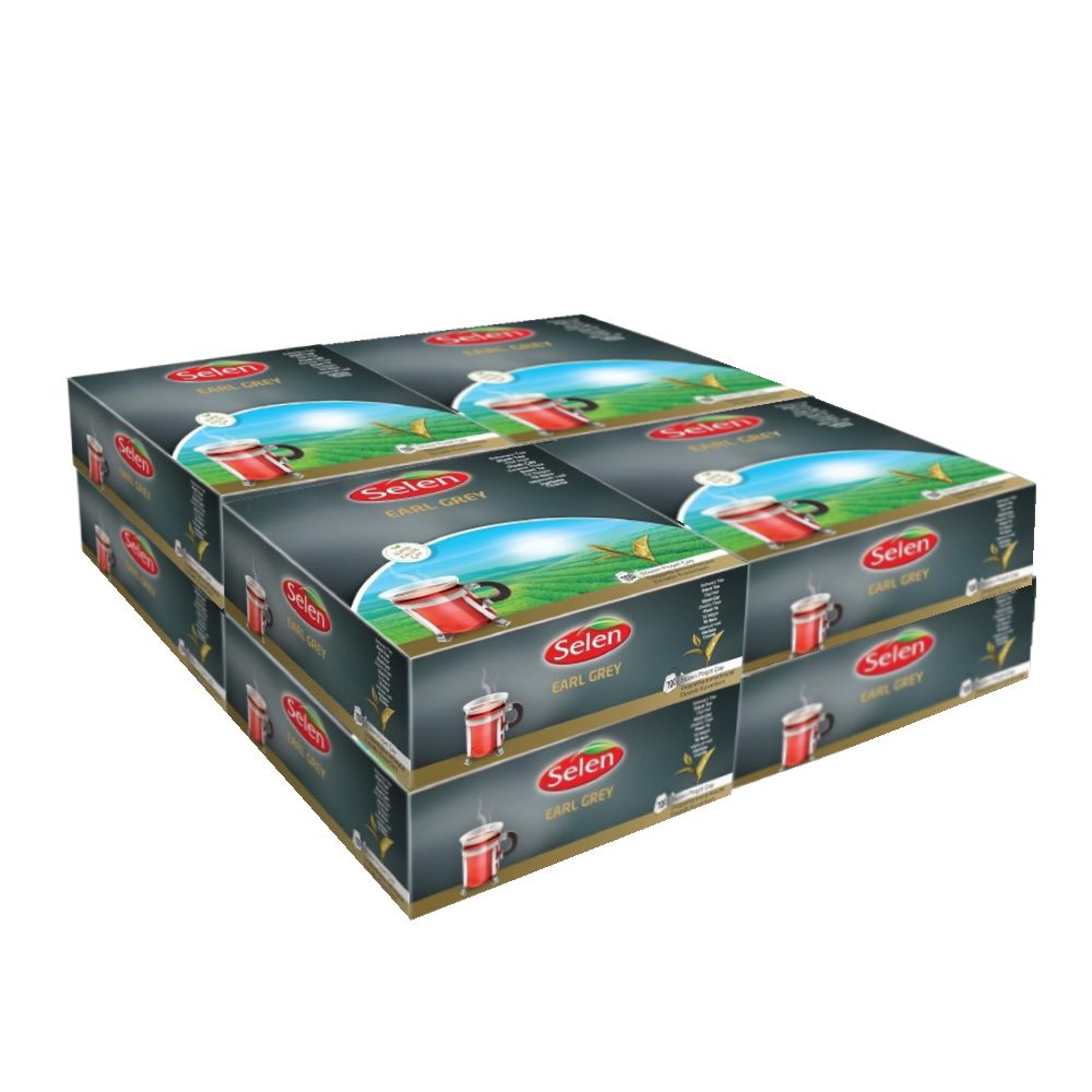Mehrere Kartons Selen Earl Grey Schwarztee. Aufdruck: Tasse Tee, Logo, Schriftzug. Verpackung in Grau- und Rottönen.