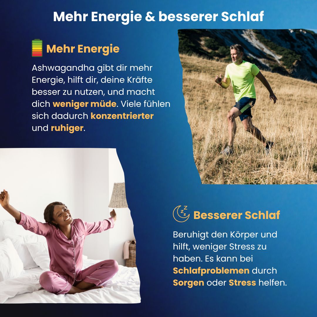 Mehr Energie & besserer Schlaf. Frau im Bett, Mann rennt. Text: Mehr Energie, besserer Schlaf.