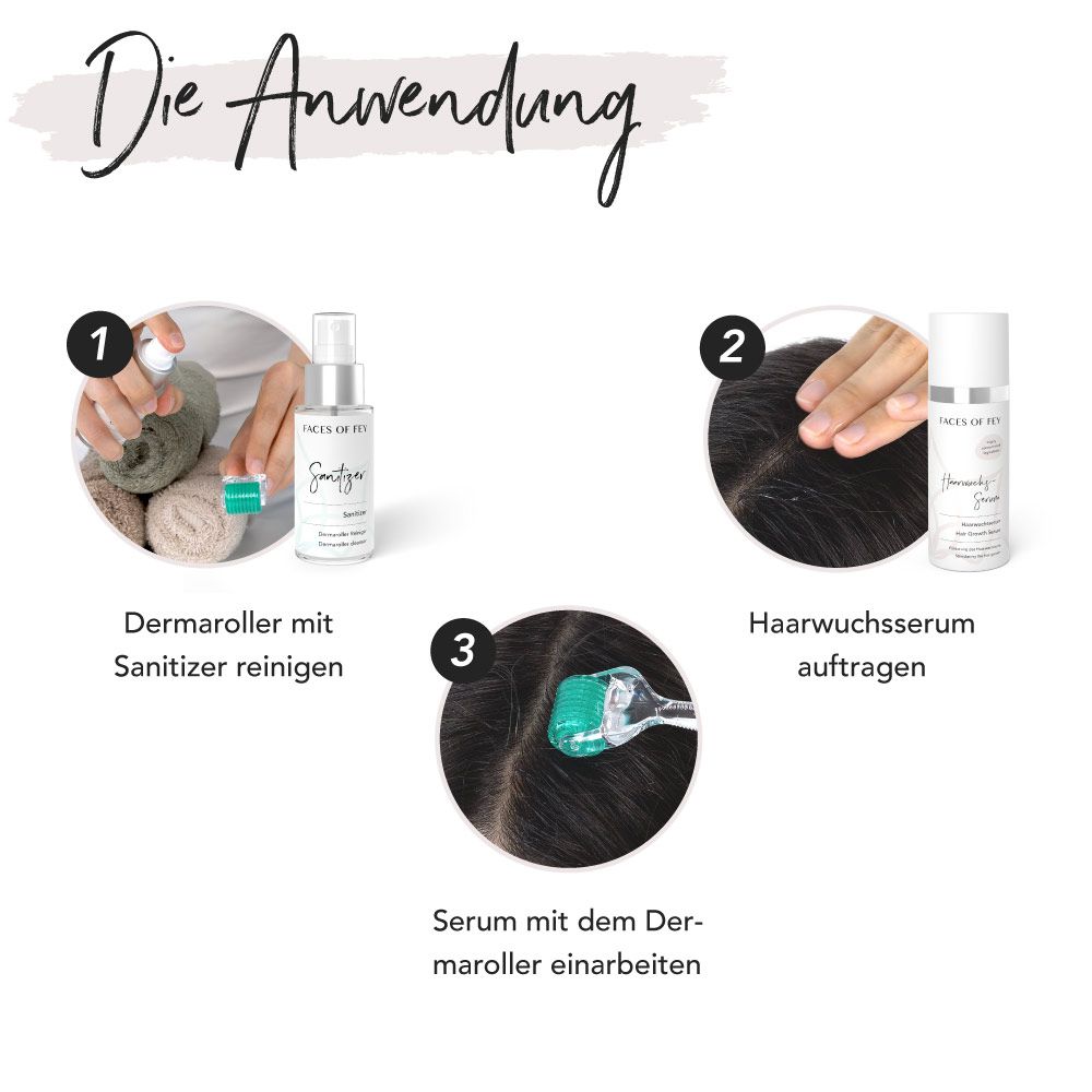 Drei Schritte: 1. Dermaroller mit Sanitizer reinigen. 2. Haarwuchsserum auftragen. 3. Serum mit Dermaroller einarbeiten. Produkte von Faces of Fey.