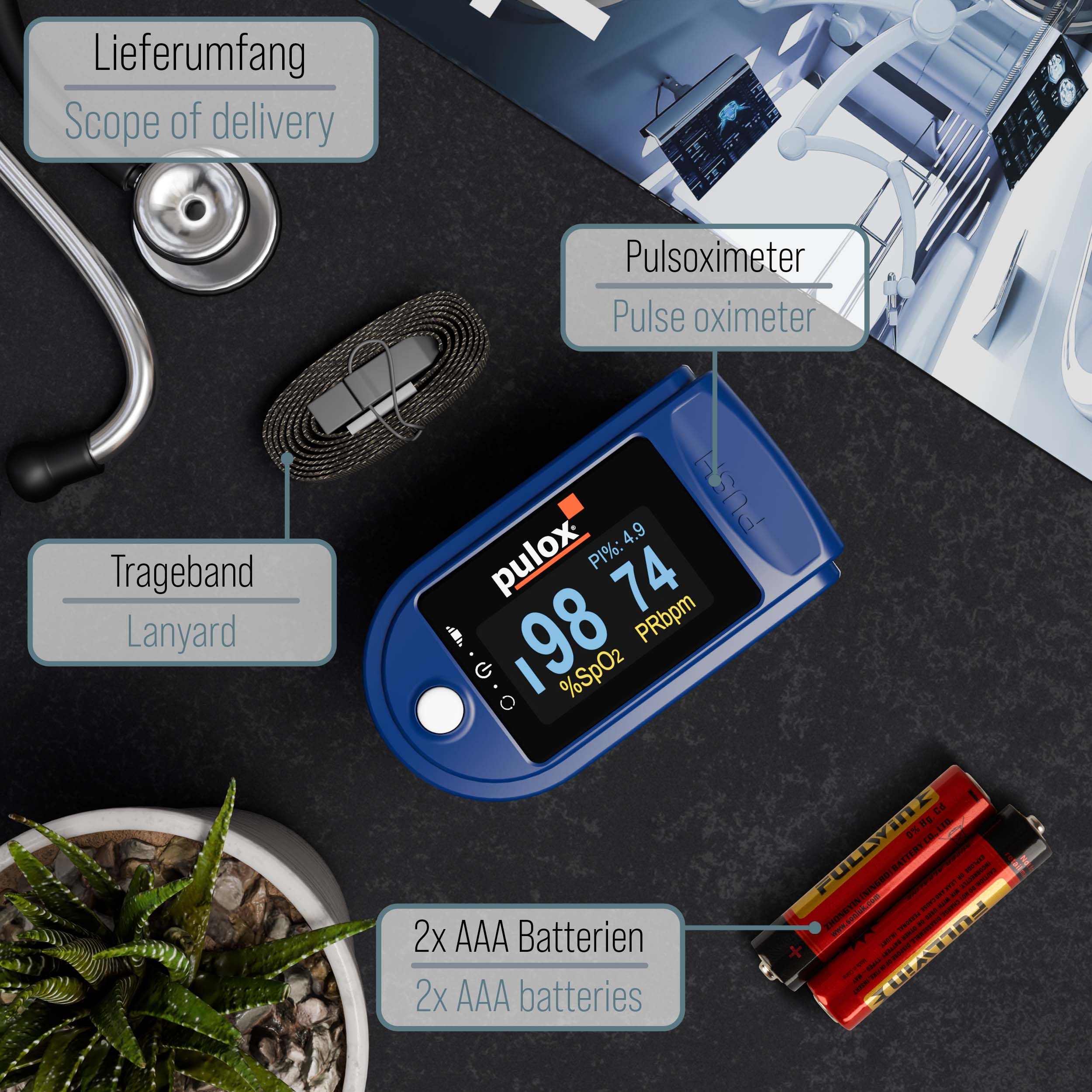 Pulsoximeter, Zubehör und Batterien. Pulsoximeter blau, mit Display. Enthält Lanyard und 2 AAA-Batterien.