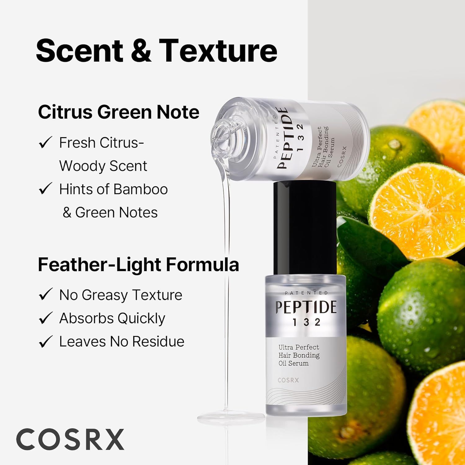 COSRX Peptide 132 Serum mit Zitrusfrüchten, Beschreibung von Duft und Textur.