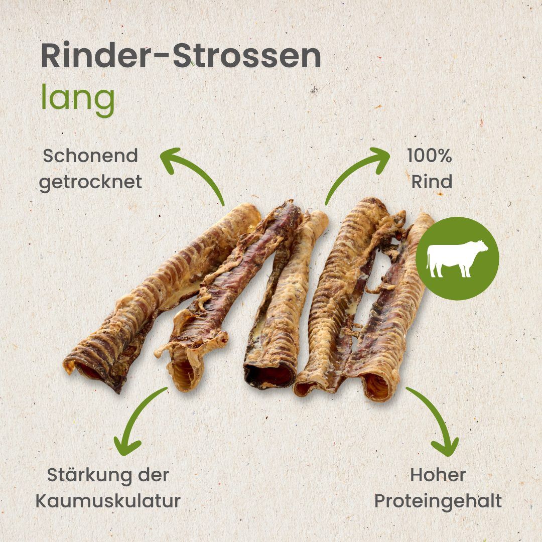 Getrocknete Rinder-Strossen: Länge ca. 25-35 cm, Gewicht ca. 140-180g/Stück, mittelfester Biss.