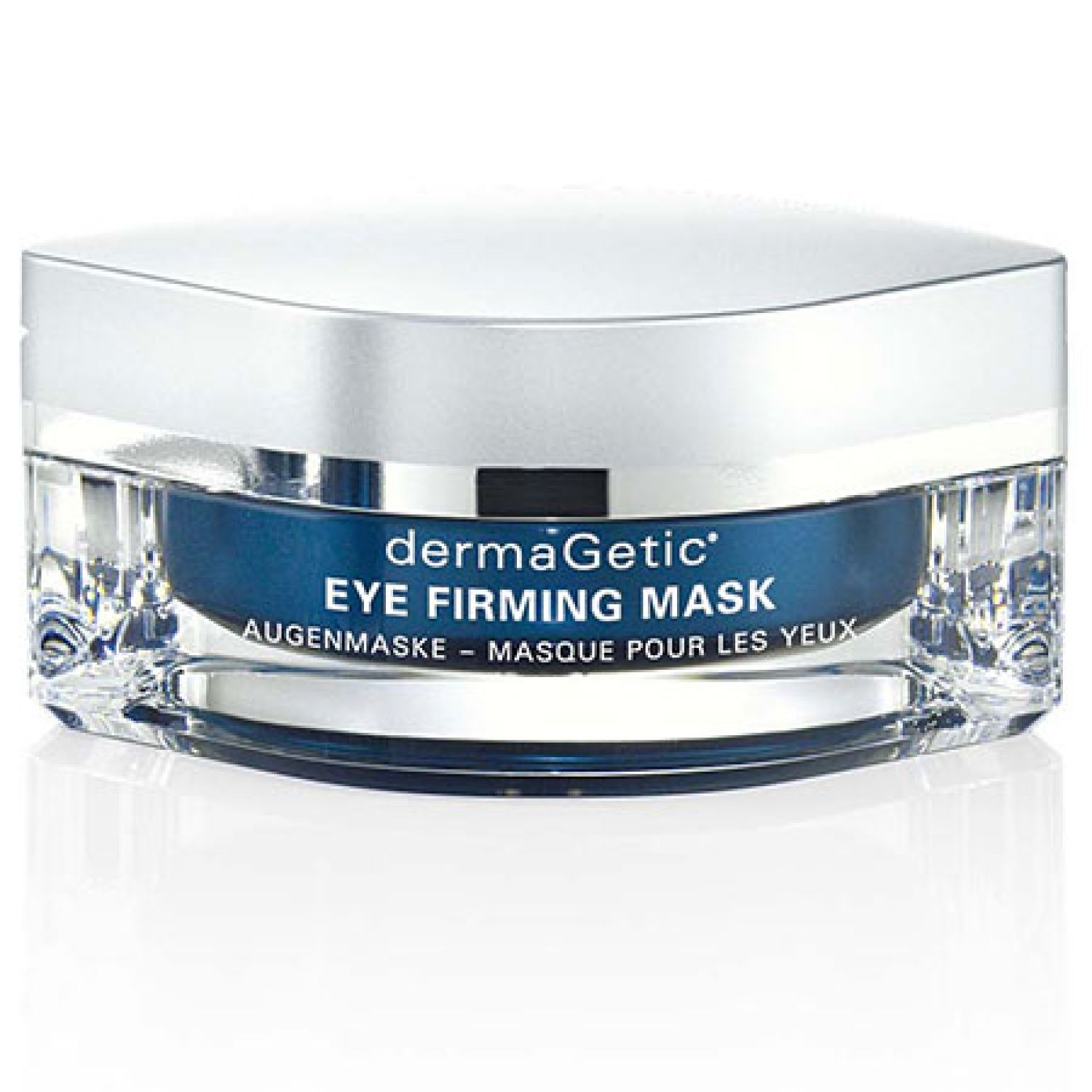 Behälter mit Augenmaske. Deckel silberfarben, Behälter transparent. Aufschrift: dermaGetic EYE FIRMING MASK, Augenmaske - Masque pour les yeux.