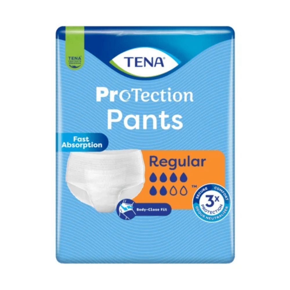 Verpackung von TENA Protection Pants Regular. Blaue Verpackung mit Produktabbildung. Text: ProTectiion Pants, Regular, Fast Absorption.