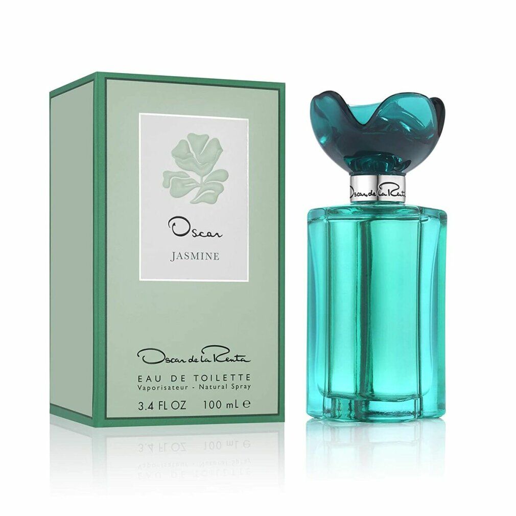 Grüne Flasche mit Blumendeckel neben einer grünen Schachtel. Auf der Schachtel steht "Oscar Jasmine" und "Oscar de la Renta".