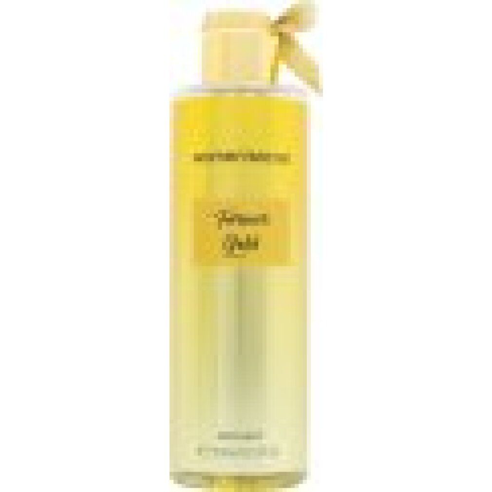 Gelber Körpernebel mit Schleife. Aufschrift: Women'secret Forever Gold. Flasche mit Zerstäuber.