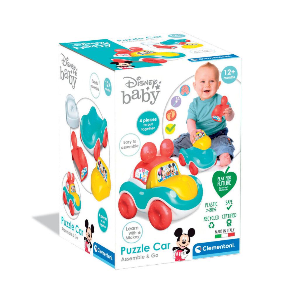 Verpackung der Clementoni Disney Baby Puzzle Car. Zeigt das Spielzeugauto und Teile. Baby mit Spielzeug.