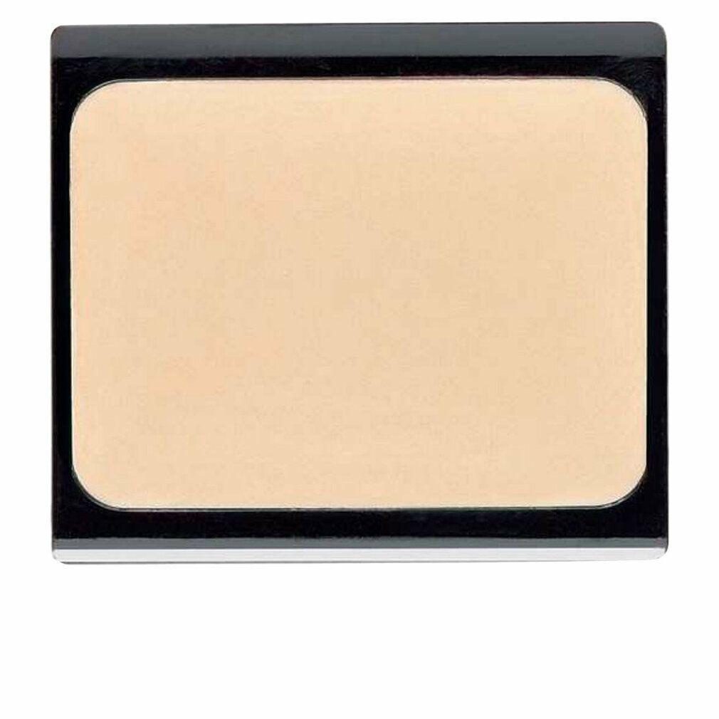 Kompakte, rechteckige Camouflage-Creme in einem schwarzen Behälter. Helle, beige Farbe. Abgerundete Ecken.