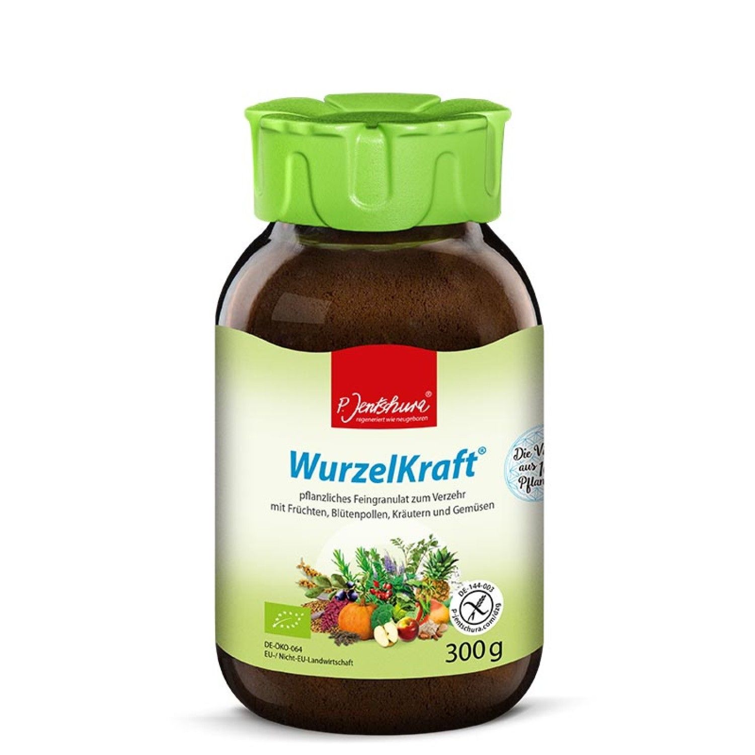 Braune Glasflasche mit grünem Deckel. Aufschrift: WurzelKraft, pflanzliches Feingranulat. Bio-Siegel und 300g.