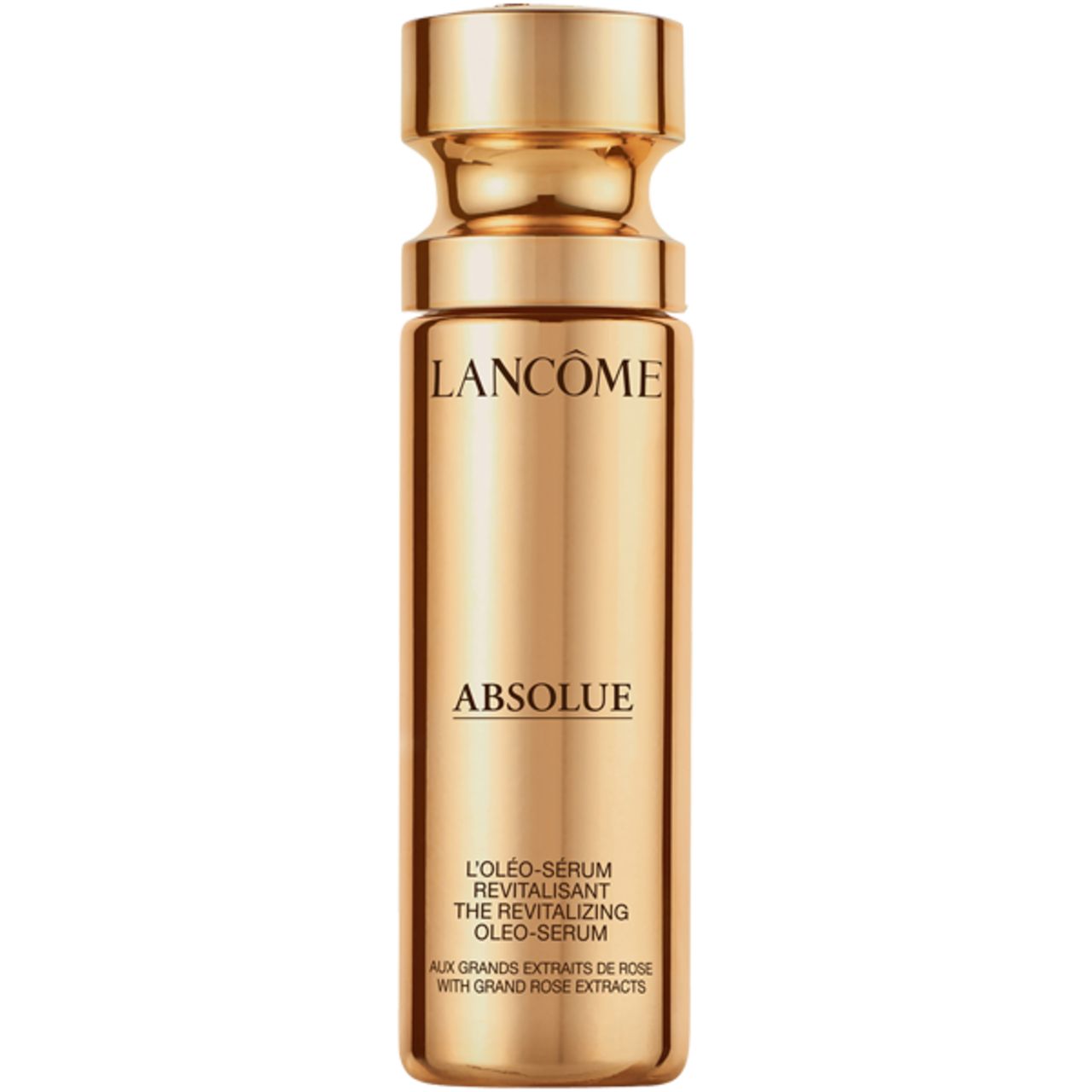 Goldfarbene Flasche mit Lancôme Absolue L'Oléo-Serum. Text: L'Oléo-Serum, The Revitalizing Oleo-Serum, Aux Grands Extraits de Rose.