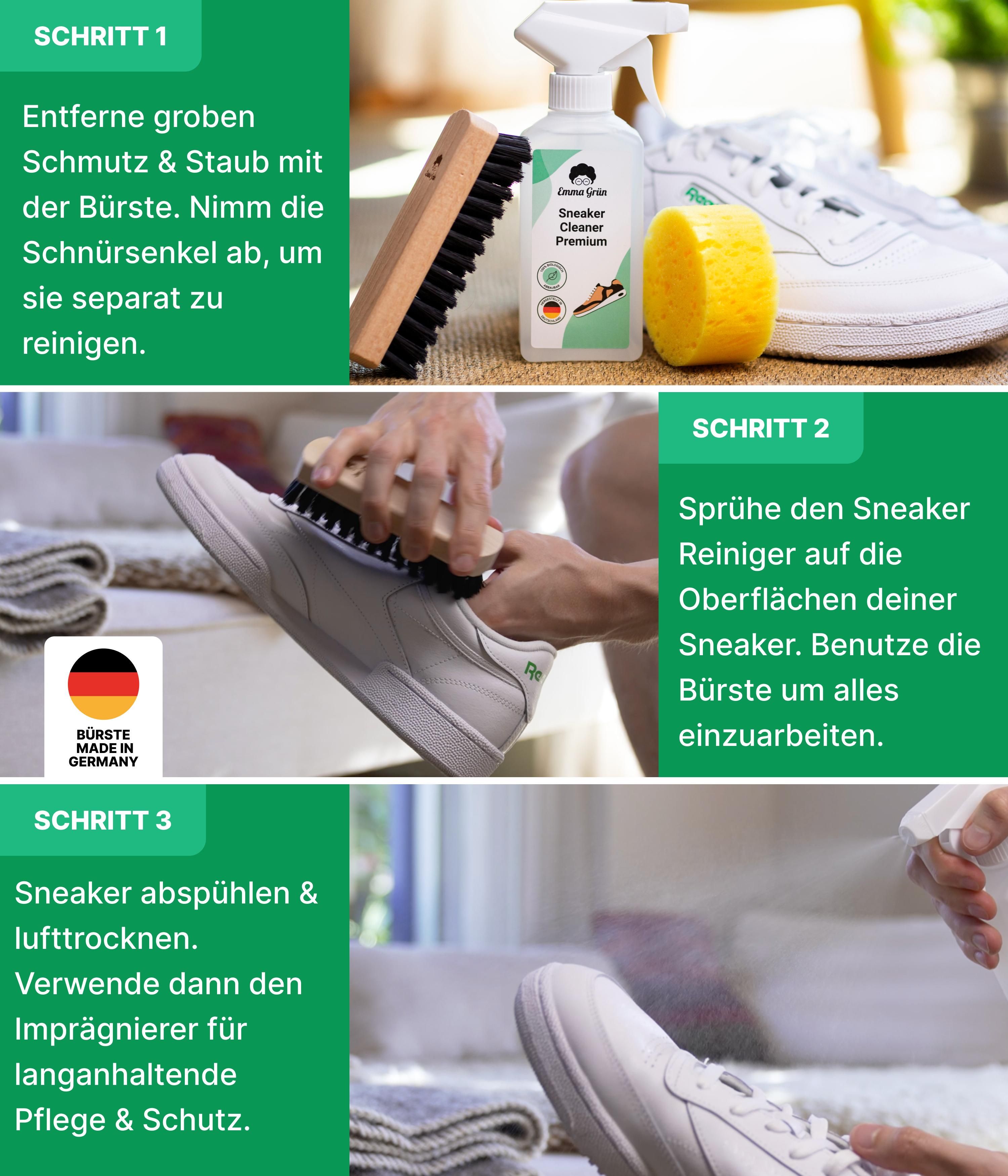 Emma Grün® Schuh-Reinigungsset mit Sneaker Reiniger & Imprägnierspray inkl. Schuhbürste