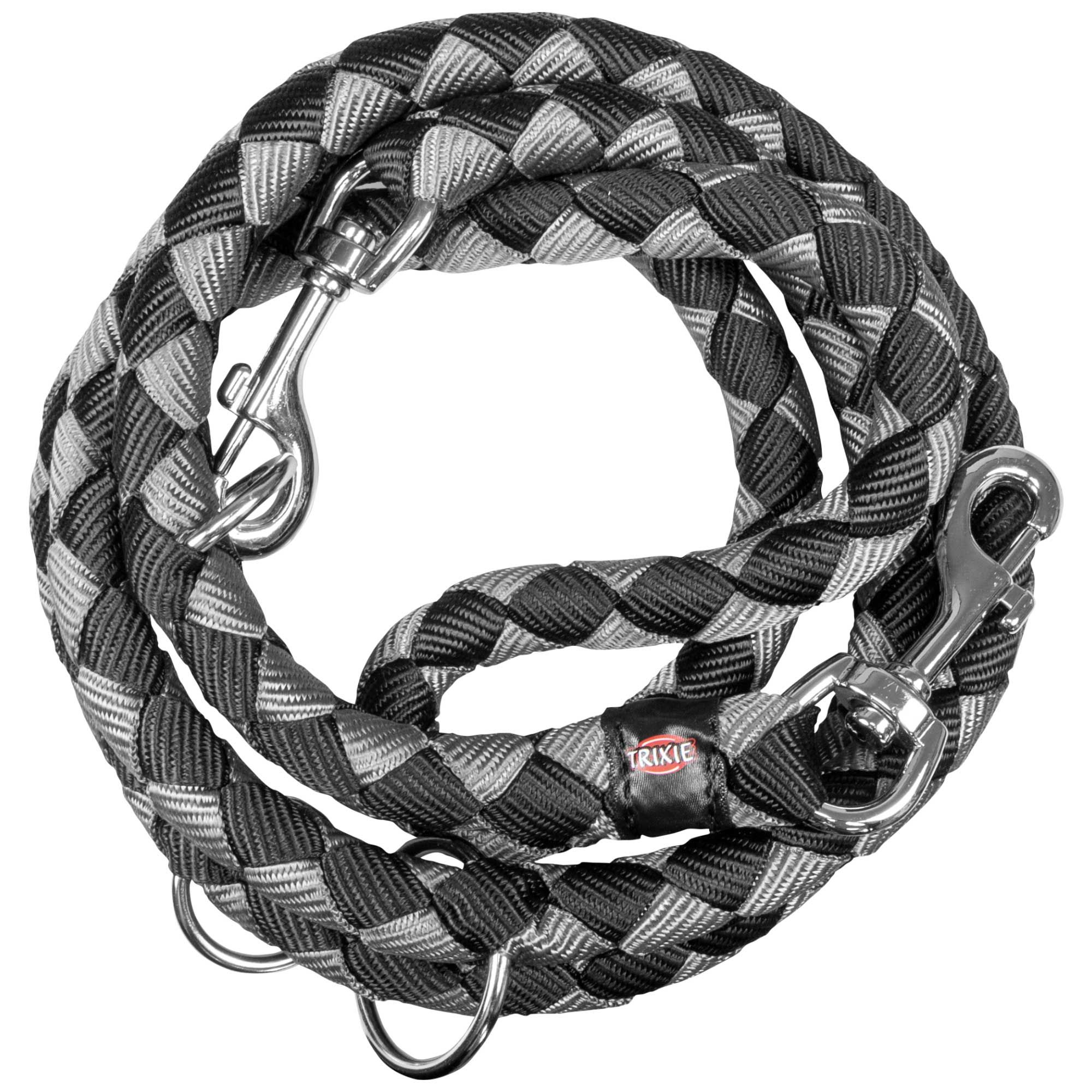 Geflochtene Hundeleine, grau-schwarz. Mit zwei Karabinerhaken und Ringen. Marke Trixie.