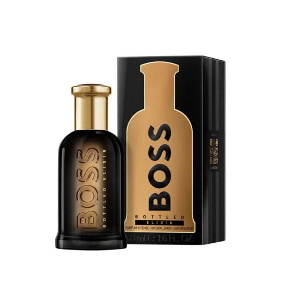 Schwarzer Flakon mit goldfarbenem Verschluss und Schriftzug BOSS. Daneben die Verpackung mit BOSS-Logo.