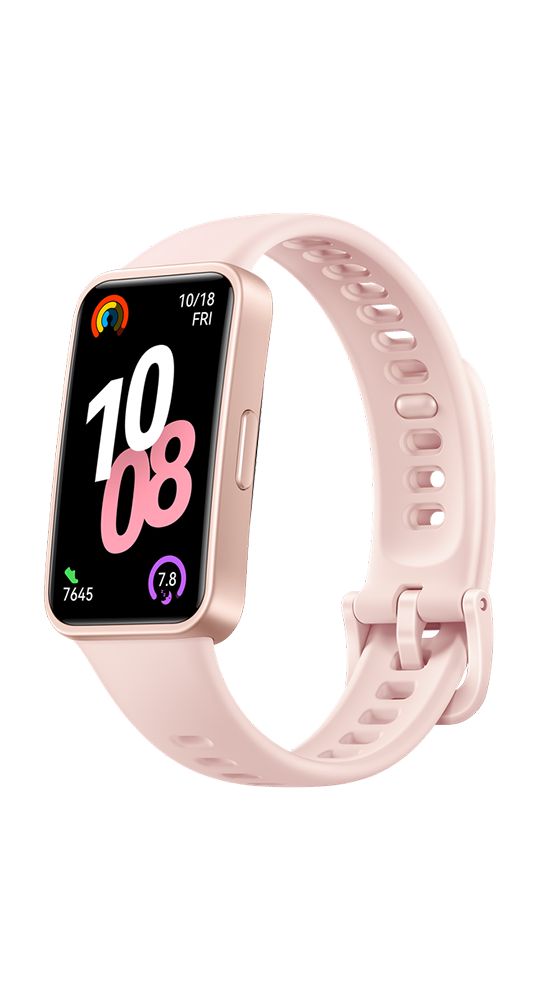 Fitness-Tracker, rosa Armband, rechteckiges Display. Seitliche Ansicht. Rosa Gehäuse, schwarzes Display mit Daten.