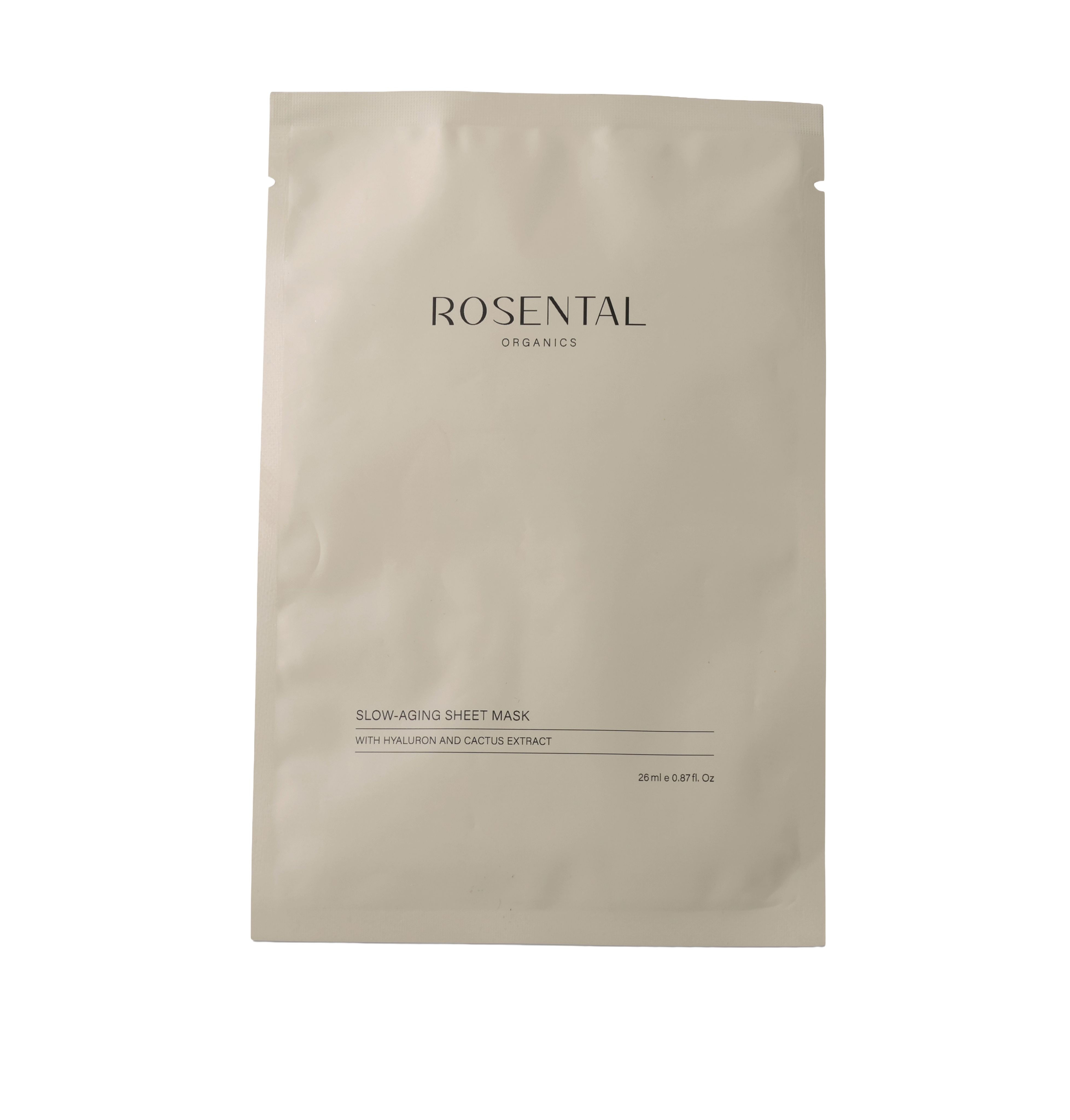 Beige Verpackung, Rosental Organics. Aufschrift: Slow-Aging Sheet Mask. Inschrift: Mit Hyaluron und Kaktus Extrakt. 25ml/0.87 fl.oz.