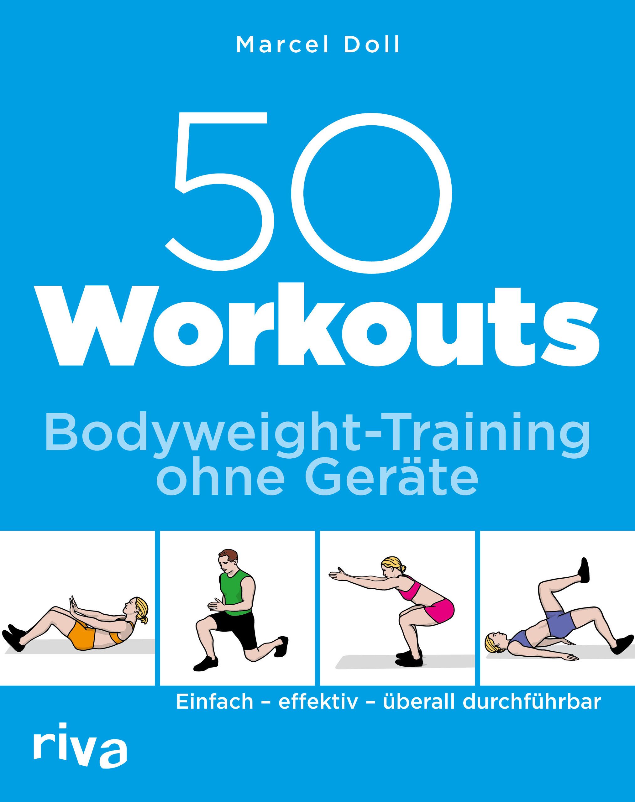 Buchcover mit Titel "50 Workouts". Untertitel: Bodyweight-Training ohne Geräte. Illustrationen von Übungen. Riva-Logo.