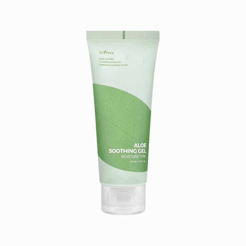 Grüne Tube mit Aloe Soothing Gel. Aufschrift: Aloe Soothing Gel, Moisture Type. Marke: ISNTREE.