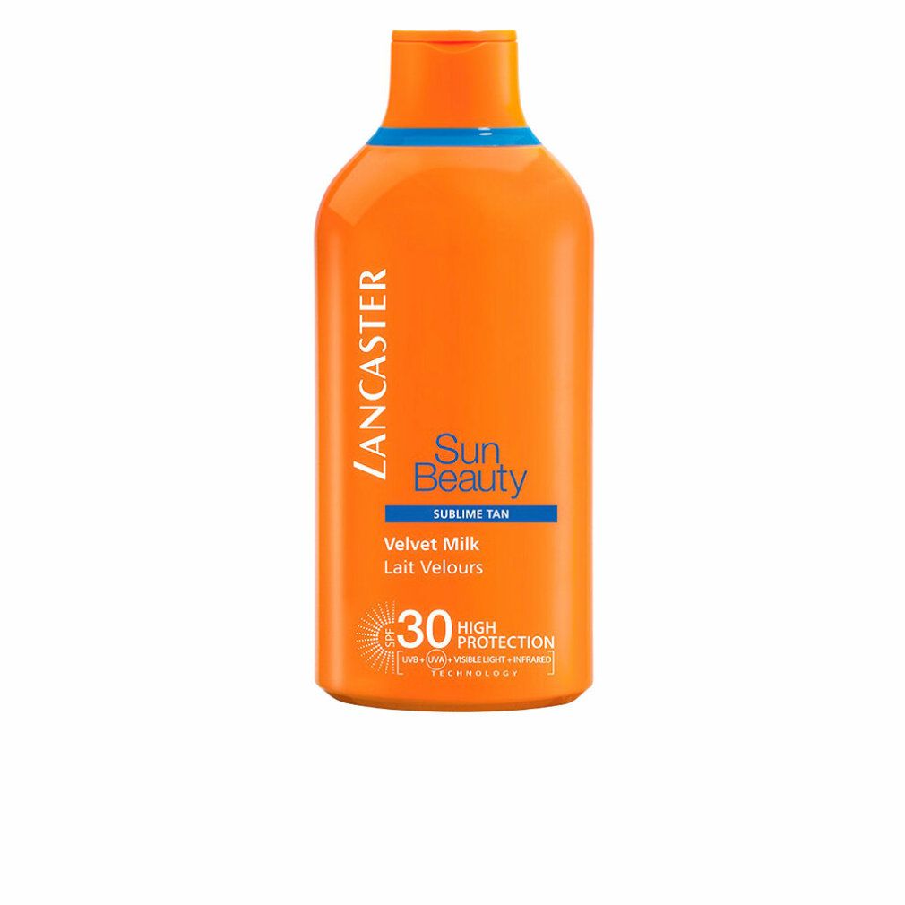 Orangefarbene Flasche mit Lancaster-Logo und Produktbezeichnung. Enthält SPF 30.