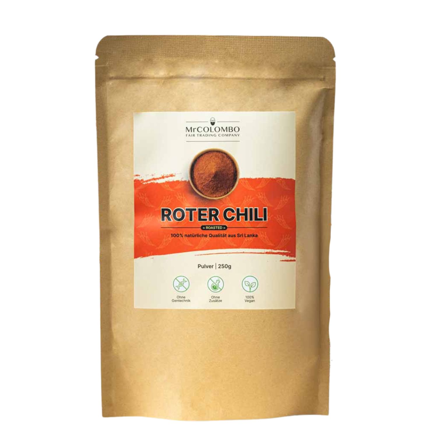 Brauner Beutel mit MrCOLOMBO Rotes Chili Pulver. Aufdruck: Roter Chili, Pulver, 100% natürliche Qualität aus Sri Lanka. Logos: Vegan, ohne Gentechnik, ohne Zusätze.