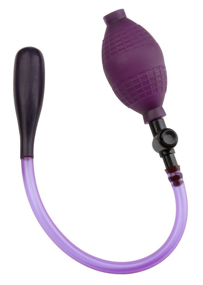 Violett Analplug mit Handpumpe. Besteht aus einem aufblasbaren Teil, einem Schlauch und einer Pumpe.