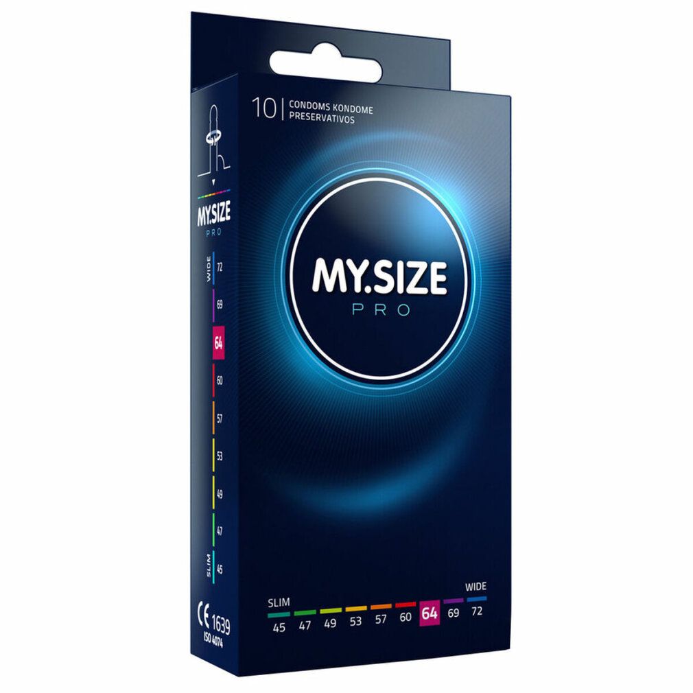 Kondom-Verpackung MY.SIZE PRO, 64mm. Schwarze Schachtel mit Größenangaben. 10 Stück.