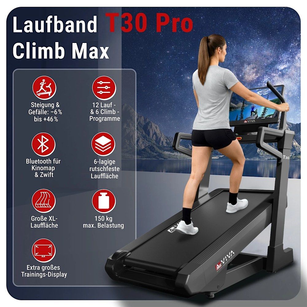 AsVIVA Laufband T30 Pro Max Climb Marathon mit Trainingsprogrammen und Steigungsanzeige.