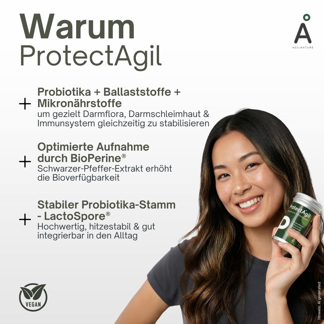 Frau hält eine Dose ProtectAgil mit Probiotika, Ballaststoffen und Mikronährstoffen.
