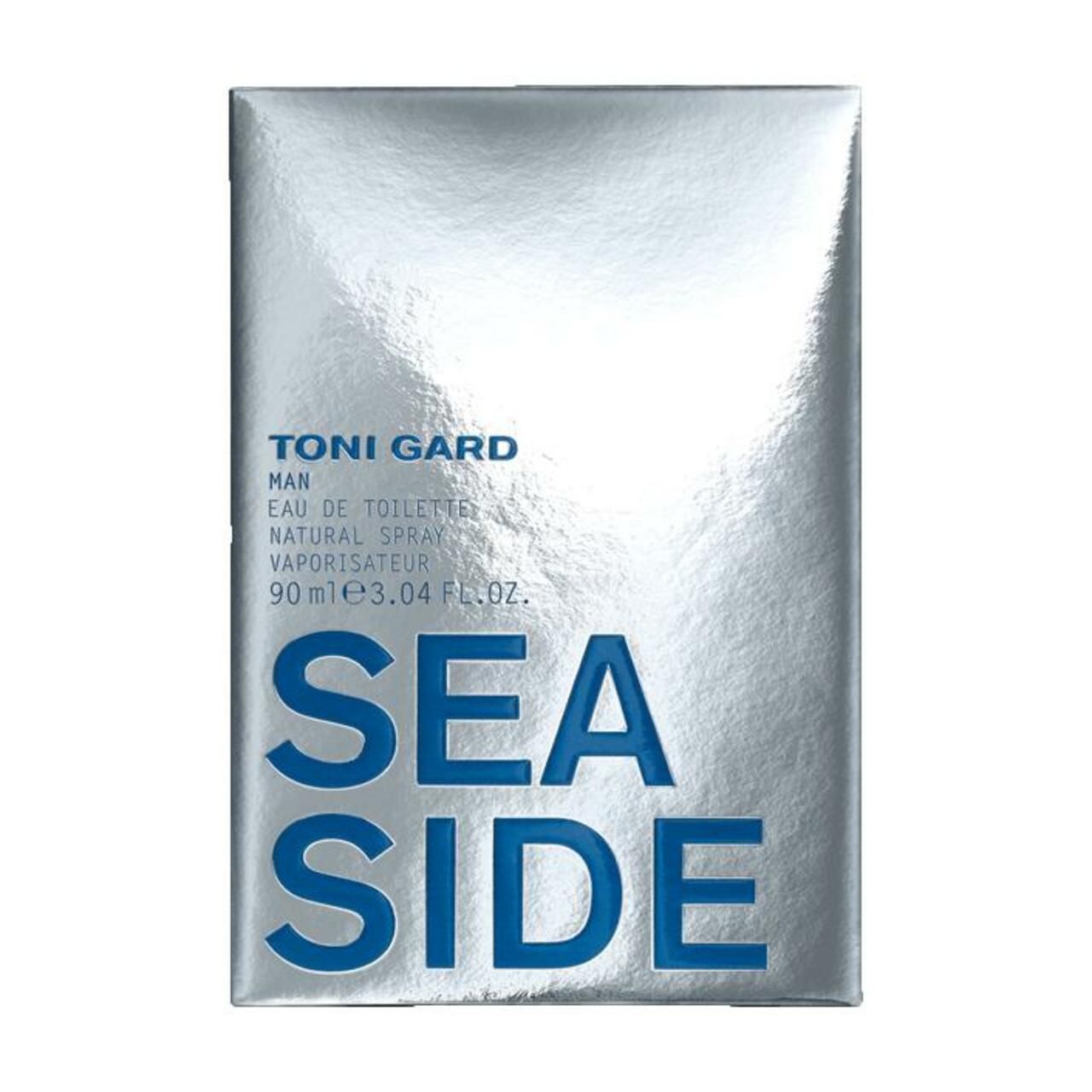 Silberne Verpackung mit Schriftzug SEA SIDE. Marke Toni Gard. Text: Eau de Toilette, Natural Spray.
