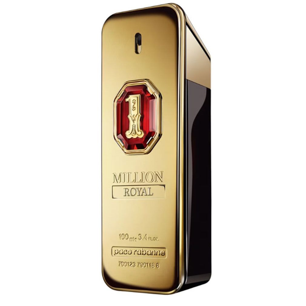 Goldfarbener Flakon. Aufschrift: Million Royal, Paco Rabanne. Schwarzer Hintergrund.