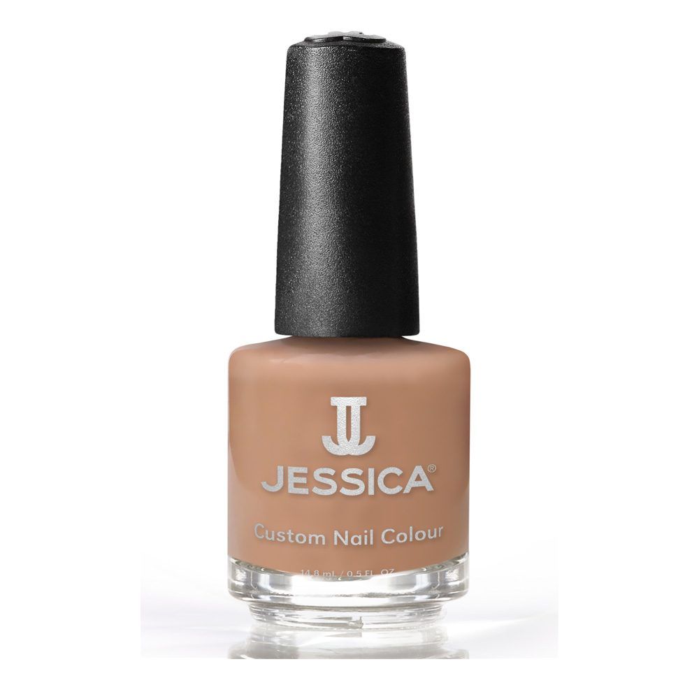 Nagellackflasche mit braunem Inhalt und schwarzem Deckel. Aufschrift: JESSICA Custom Nail Colour.