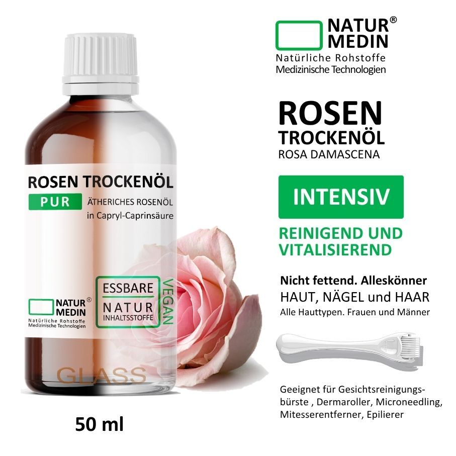 Glasflasche mit weißem Deckel. Etikett mit Produktnamen und Logo. Rose daneben. Text: NATURMEDIN, ROSEN TROCKENÖL, INTENSIV, REINIGEND UND VITALISIEREND.