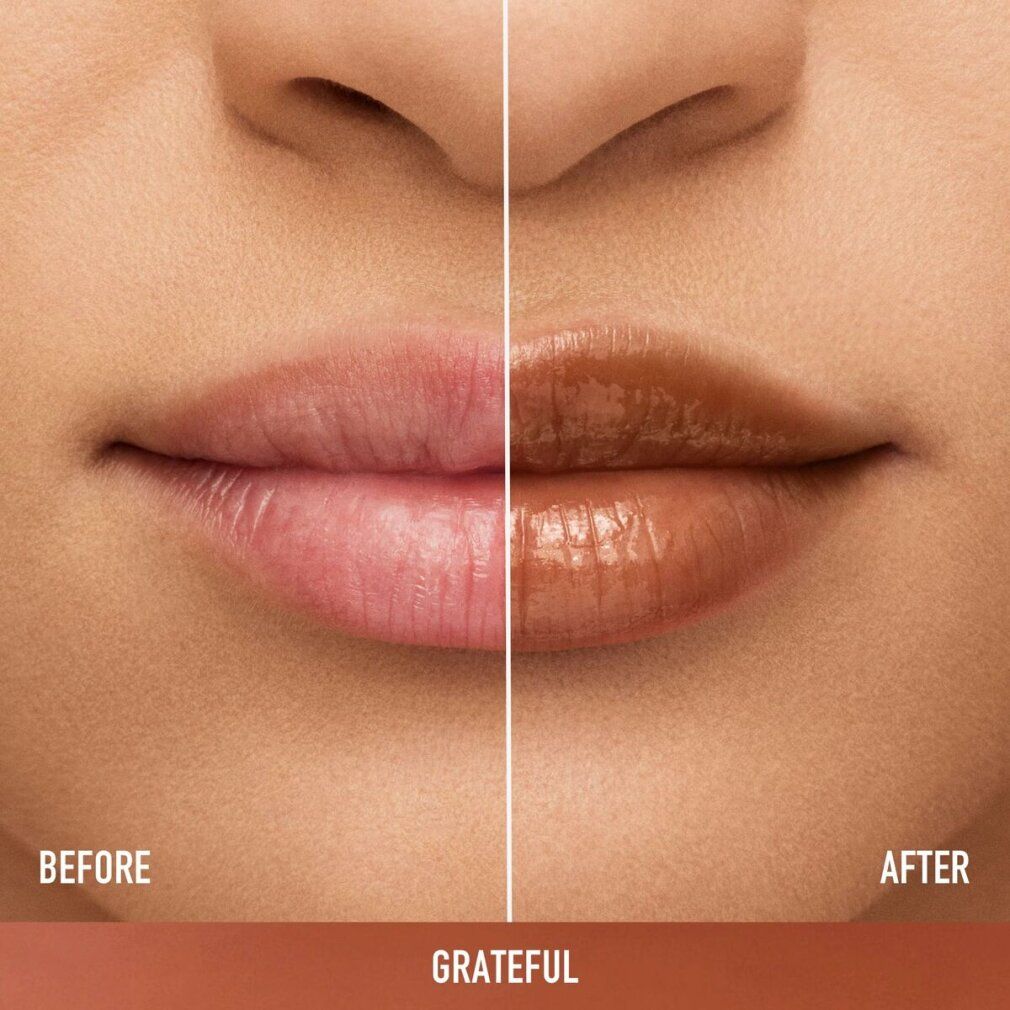 Vergleichsbild: Lippen vor und nach dem Auftragen des Produkts. Der Text "Grateful" ist auf einem braunen Hintergrund zu sehen.