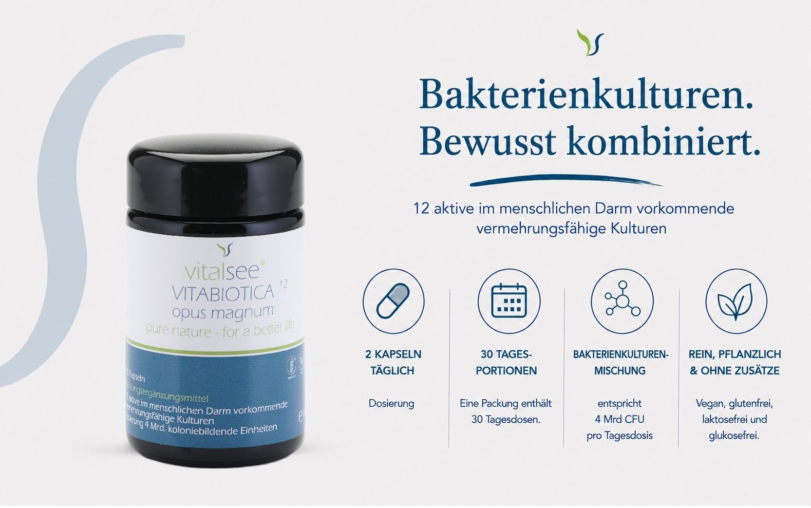Vitalsee VITABIOTICA 12 opus magnum Behälter mit Icons für Dosierung und Bakterienkulturen.
