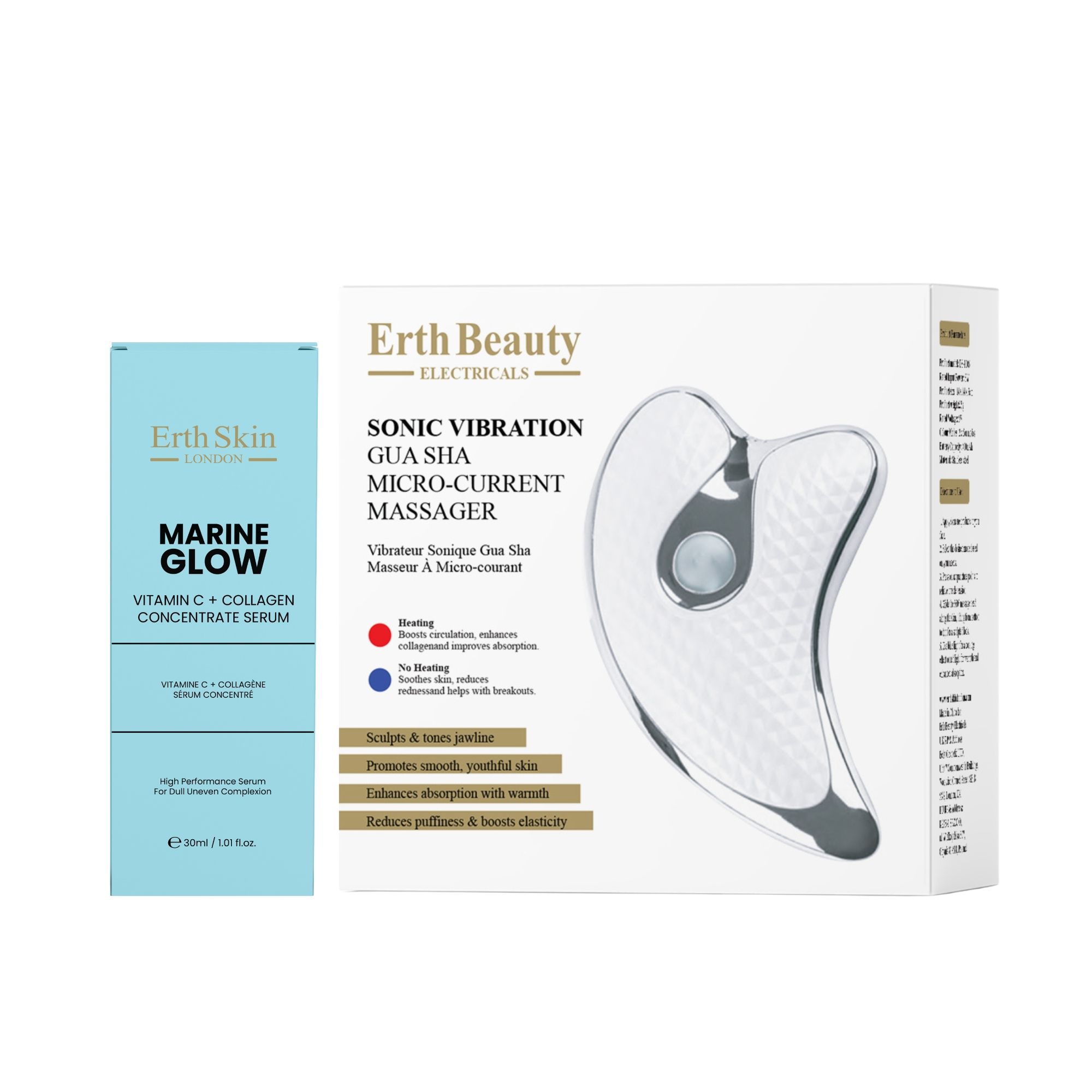 Elektrischer Gua Sha Massager mit Mikro-Strom und Vitamin C + Kollagen Serum.