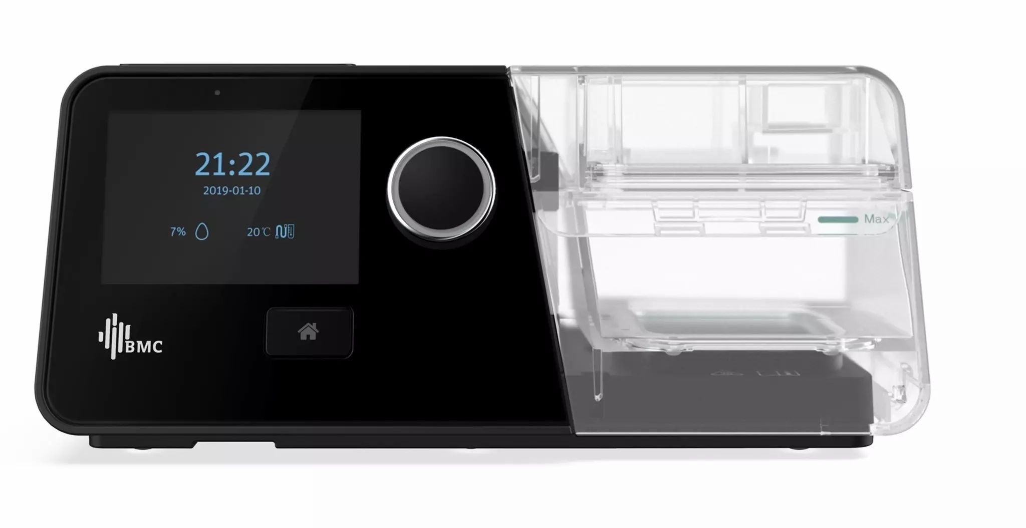 Schwarzes BMC G3 A20 Auto-CPAP-Gerät mit Display, Drehknopf und Wassertank. Zeigt Uhrzeit und Datum an. BMC-Logo.