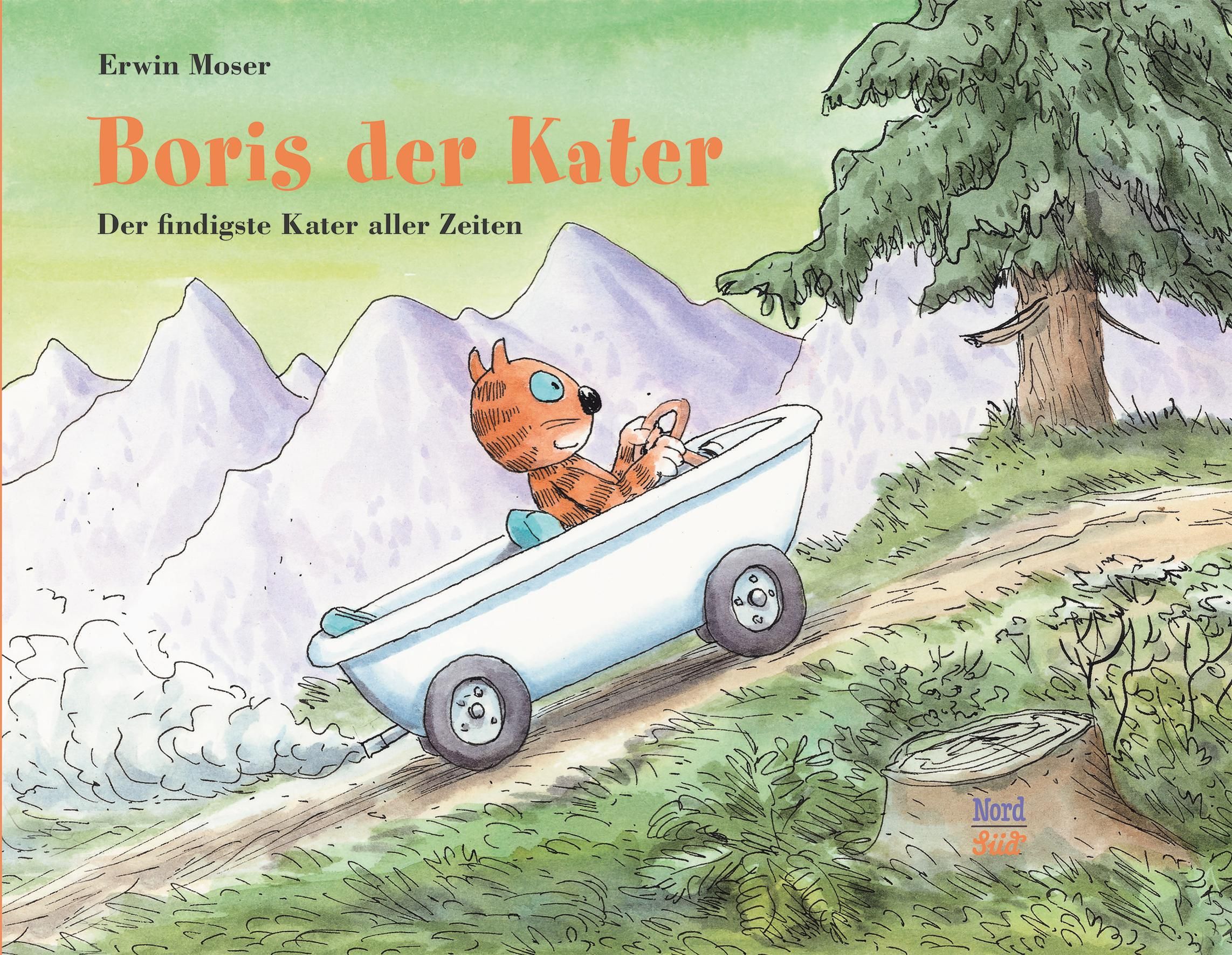 Buchcover mit Titel "Boris der Kater". Eine Katze fährt in einer Badewanne mit Rädern einen Berg hinauf. Berge und Bäume im Hintergrund.