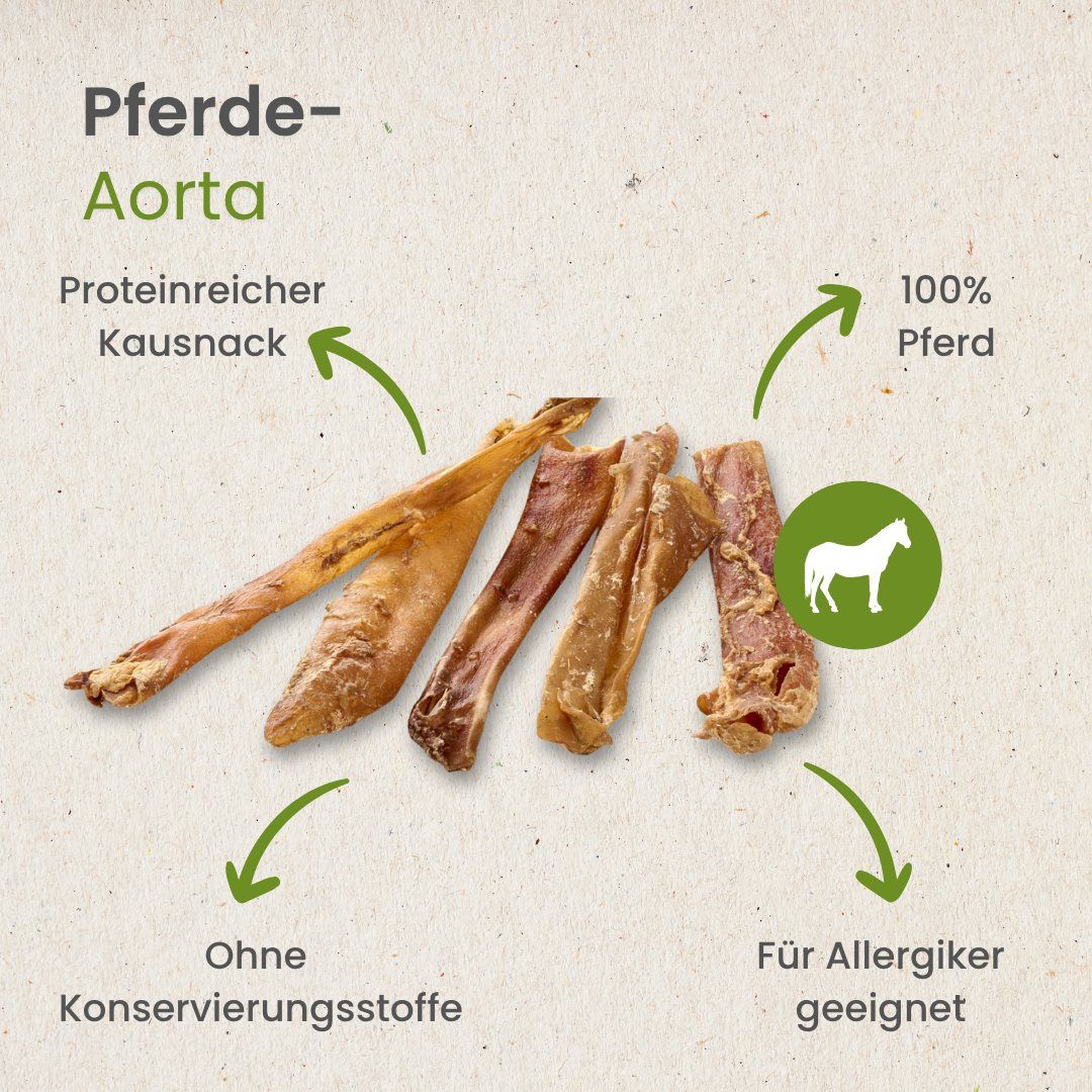 Fünf getrocknete Pferde-Aorten, 100% Pferd, proteinreich, ohne Konservierungsstoffe.