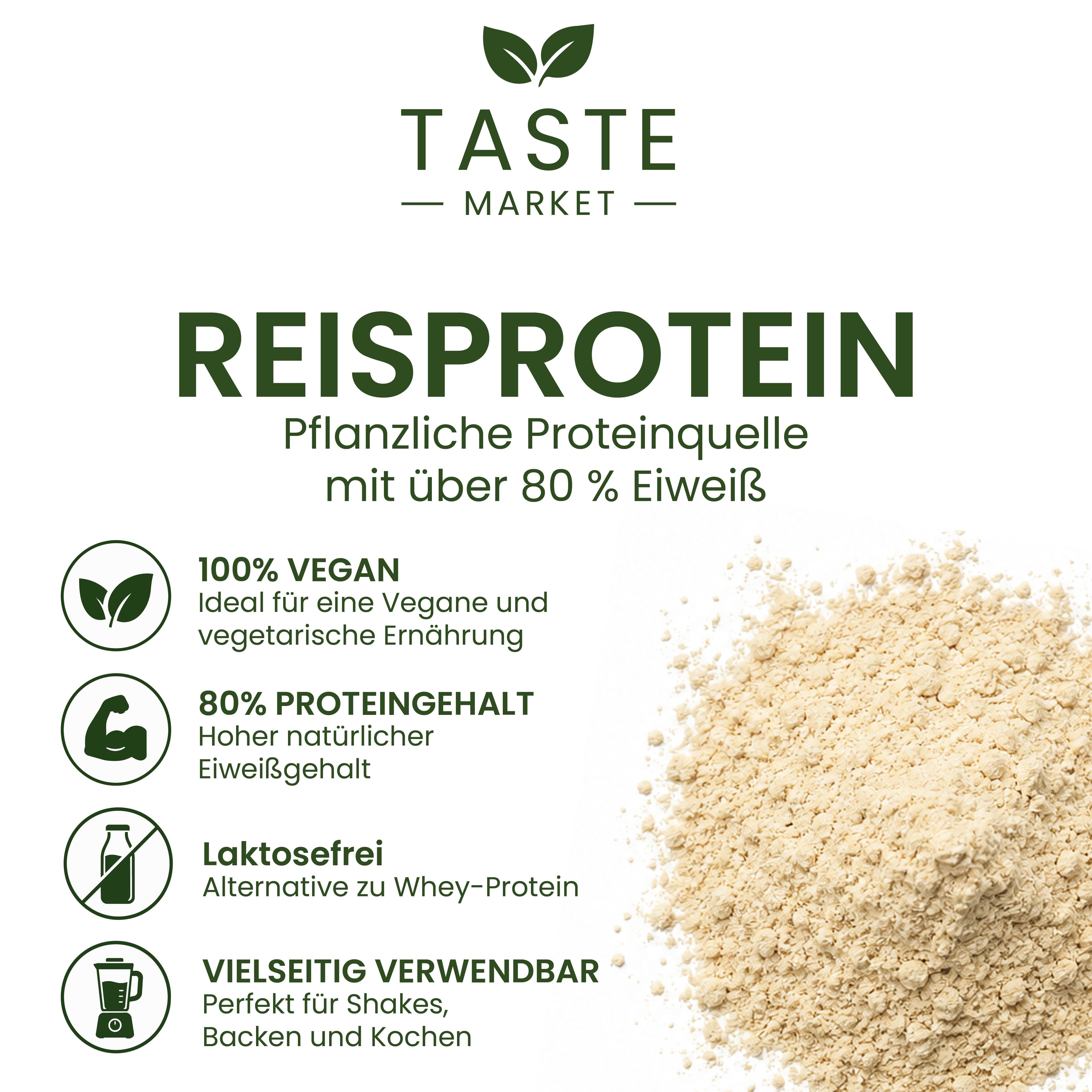Taste Market Reisprotein: 100% vegan, hoher Proteingehalt, laktosefrei, vielseitig verwendbar.