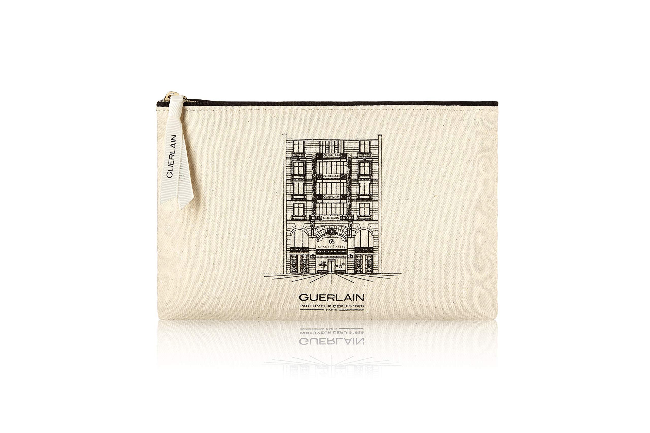 Beige Kosmetiktasche mit schwarzer Zeichnung eines Gebäudes. Marke und Logo sind auf der Tasche und dem Anhänger abgebildet.