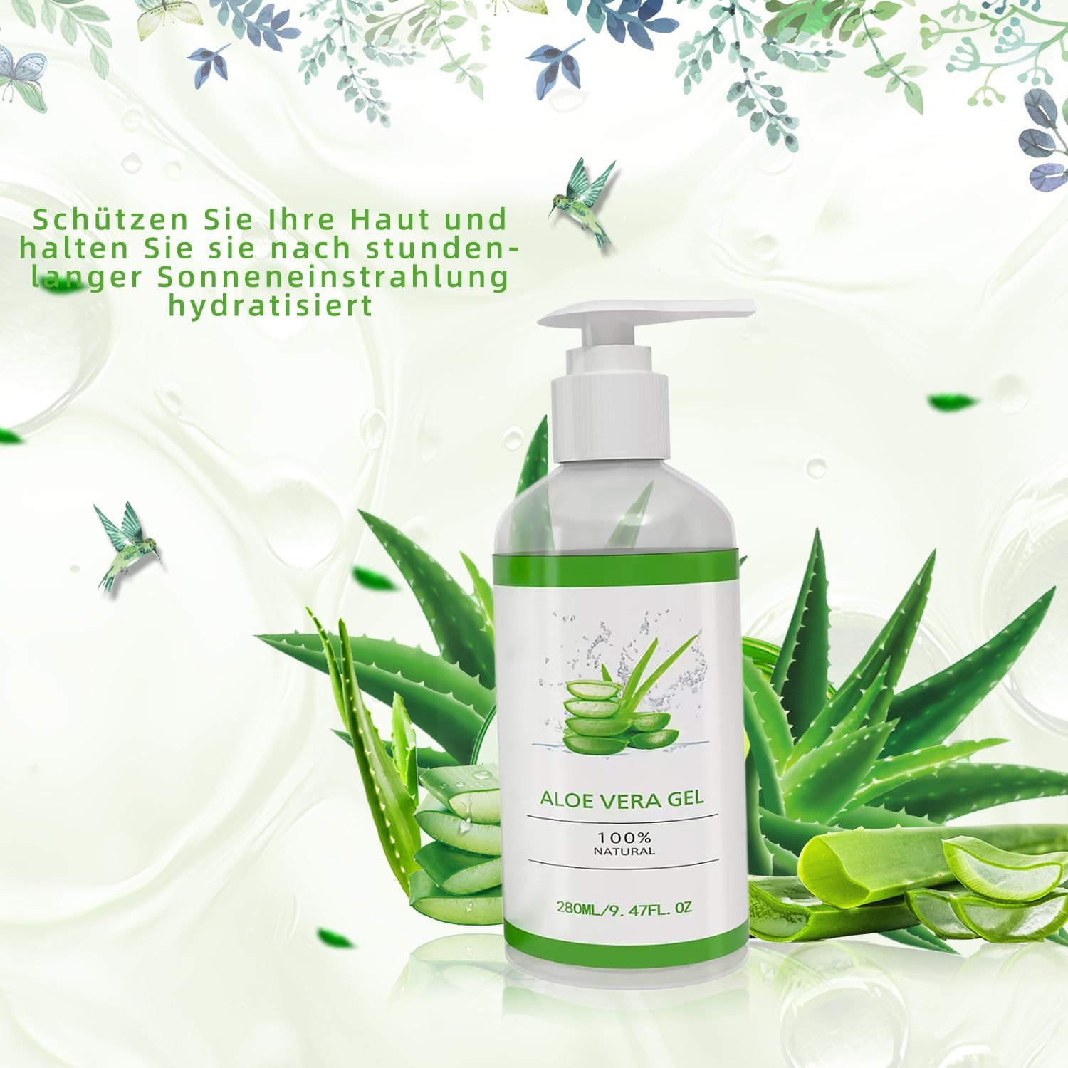 Aloe Vera Gel Flasche mit Spender, umgeben von Aloe Vera Blättern und Vögeln. Aufschrift: Aloe Vera Gel, 100% natürlich. Hintergrund grün.