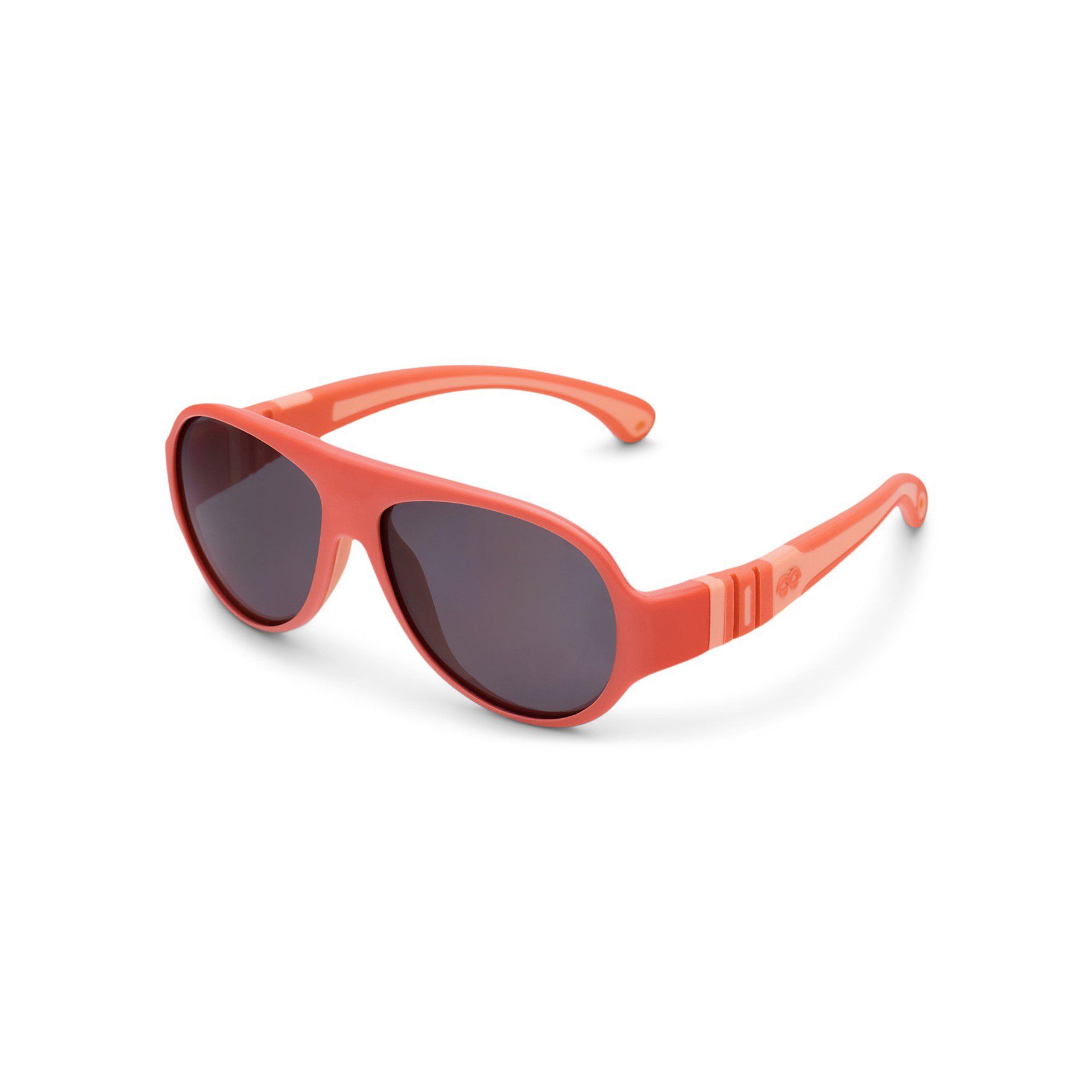 Rosa Sonnenbrille mit dunklen Gläsern. Bügel und Nasenpads. Seitliche Ansicht.