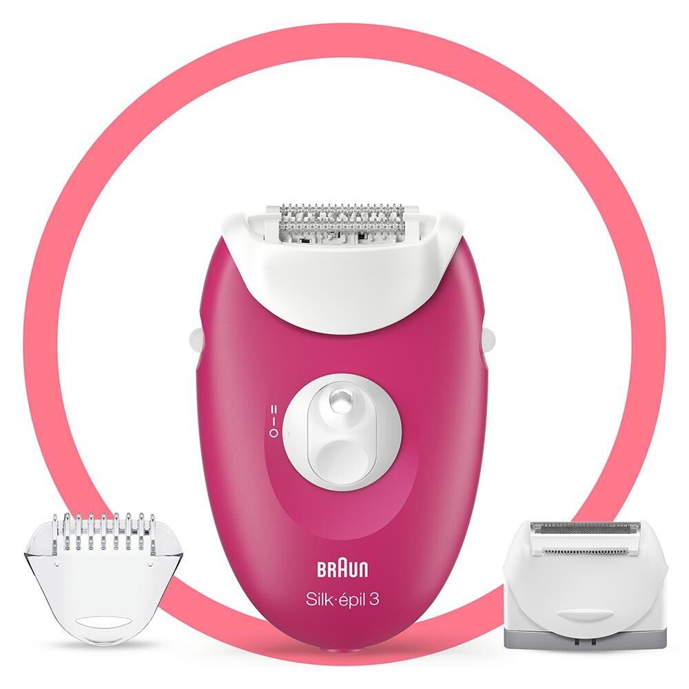 Epilierer mit Zubehör. Rosa-weißes Gerät mit Aufsätzen. Marke: Braun Silk-épil 3.
