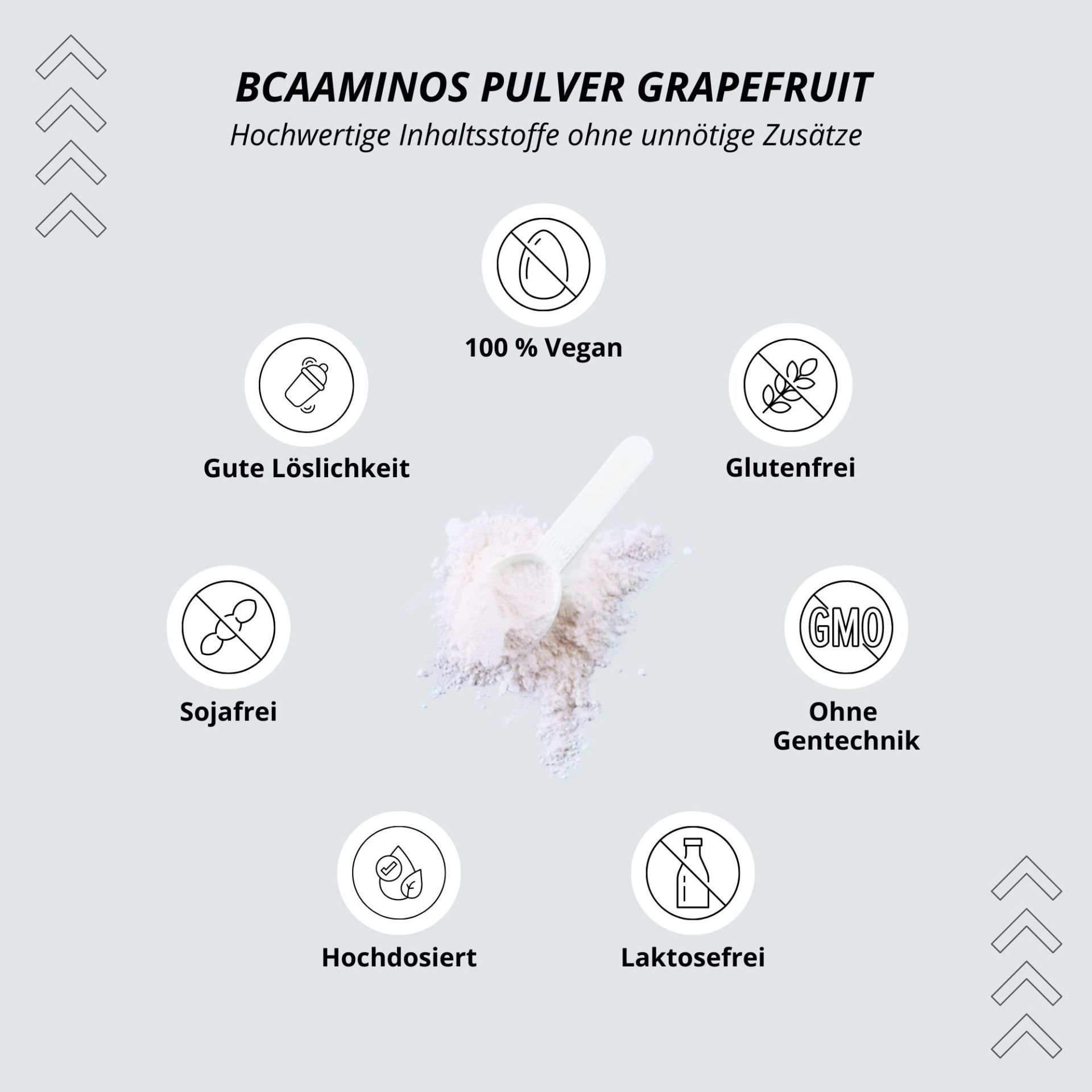 Kreisförmige Anordnung von Icons. Text: BCAAaminos Pulver Grapefruit, 100% Vegan, Glutenfrei, Ohne Gentechnik.
