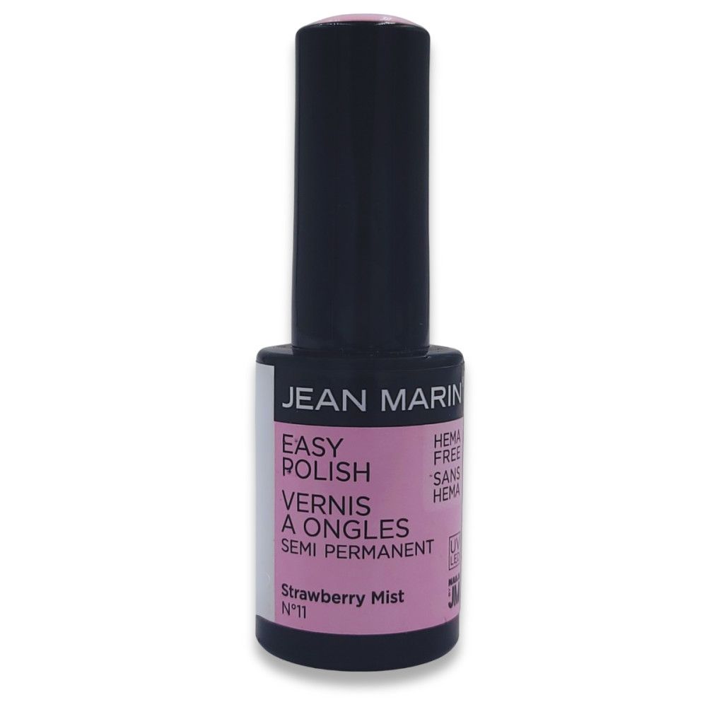 Nagellackflasche von Jean Marin. Rosa Farbton, schwarzer Deckel. Aufschrift: Easy Polish, Vernis à Ongles, Semi Permanent. Farbton: Strawberry Mist.
