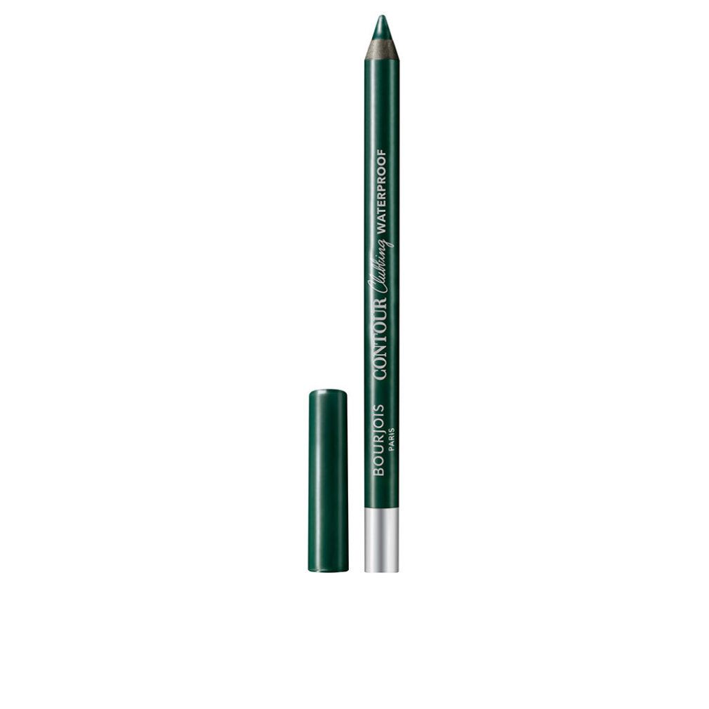 Grüner Eyeliner-Stift mit offener Kappe. Aufschrift: Bourjois, Contour Clubbing Waterproof.