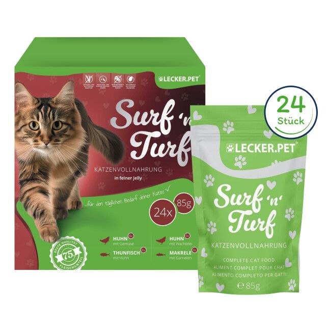 Verpackung mit 24 Beuteln Katzenfutter. Aufdruck: Surf'n'Turf, Lecker.Pet, 85g. Abgebildet: Katze, Huhn, Thunfisch, Makrele.