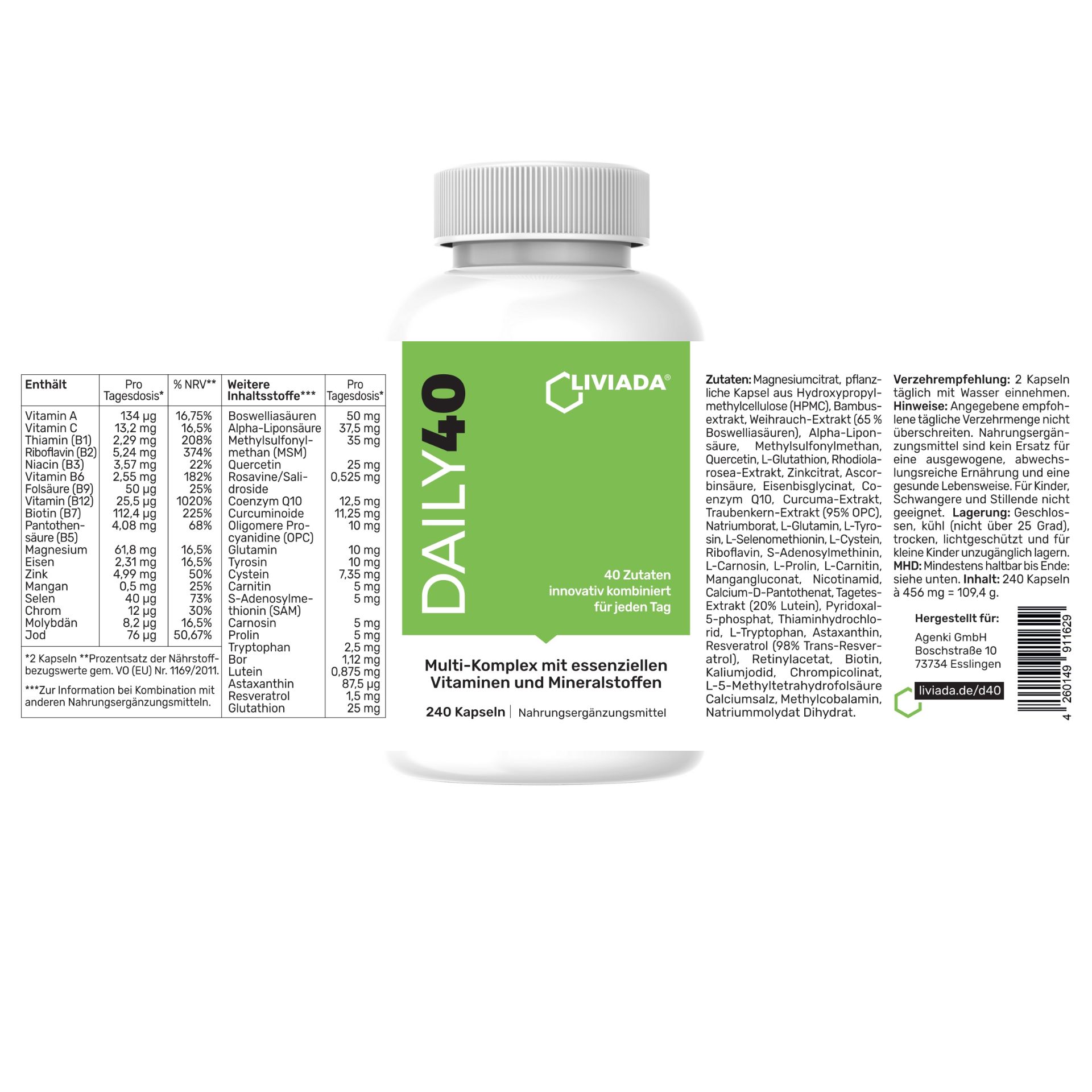 Weiße Flasche mit grüner Aufschrift. DAILY40 Multi-Komplex mit Vitaminen und Mineralstoffen. 240 Kapseln. Inhaltsstoffe und Nährwertangaben.