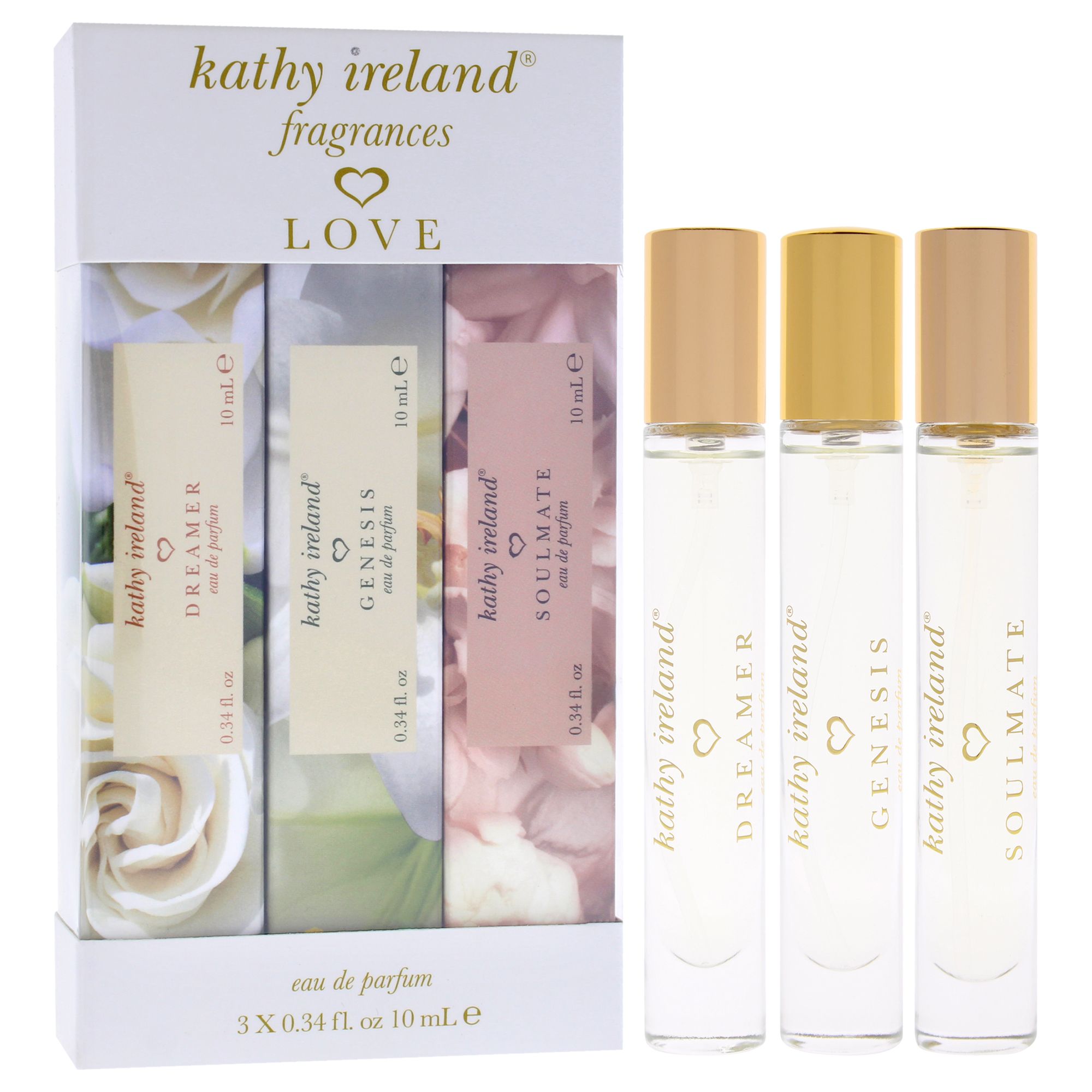 Set mit drei Eau de Parfum Roll-Ons von Kathy Ireland: Dreamer, Genesis, Soulmate. Jede 10 ml.