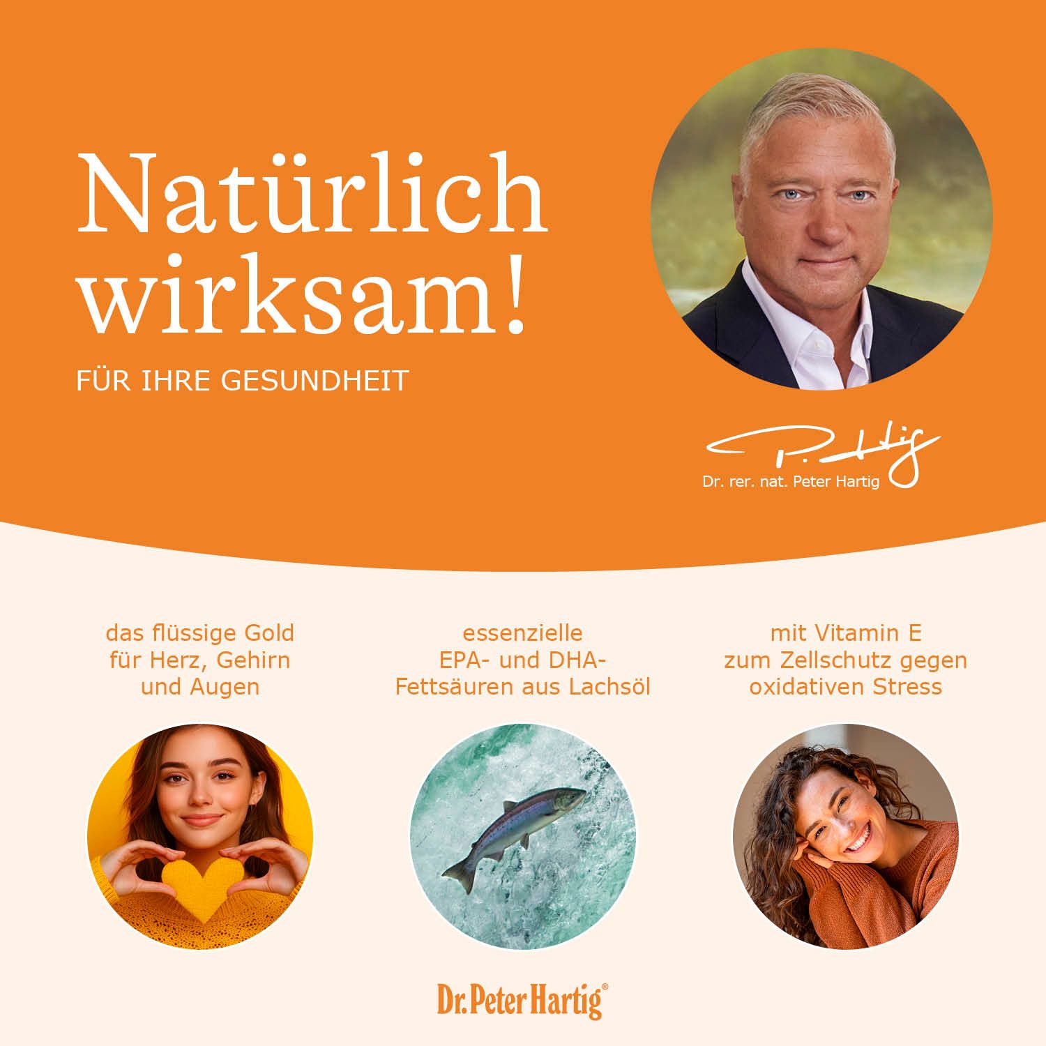 Orangefarbene Grafik mit Text und Bildern. Text: Natürlich wirksam! Für Ihre Gesundheit. Logo Dr. Peter Hartig. Bilder von Fisch und Personen.