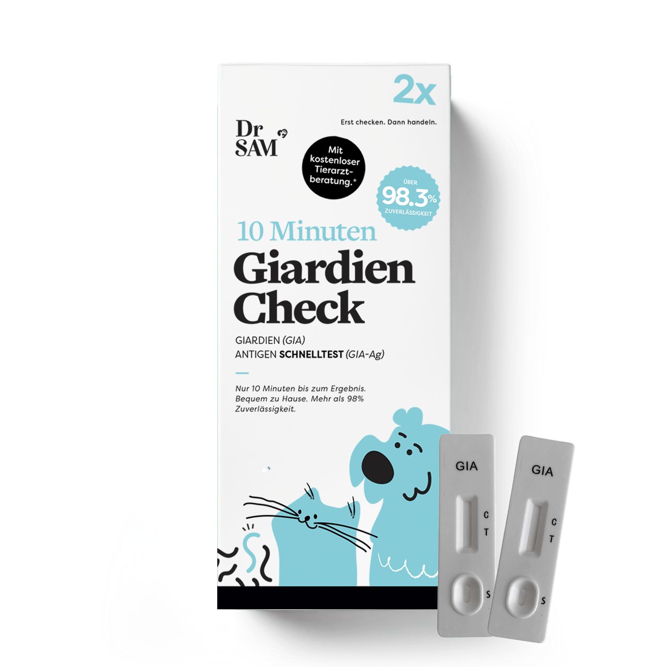 Dr. SAM 10 Minuten Giardien Check. 2er Set. Zwei Testkassetten und Verpackung mit Produktinformationen. Aufdruck: 98,3% Genauigkeit.